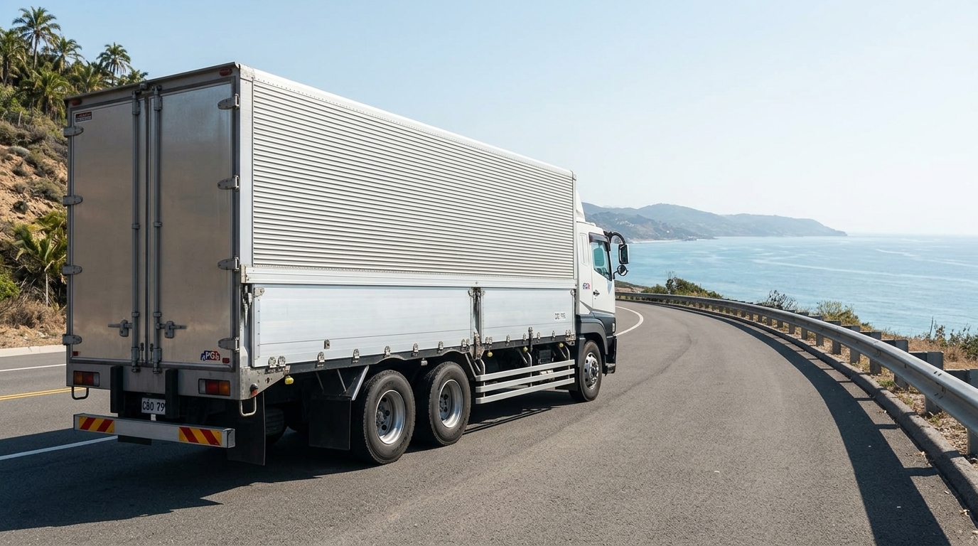 PG Trucking 10-Wheeler Commercial Cargo Truck driving along coastal highway